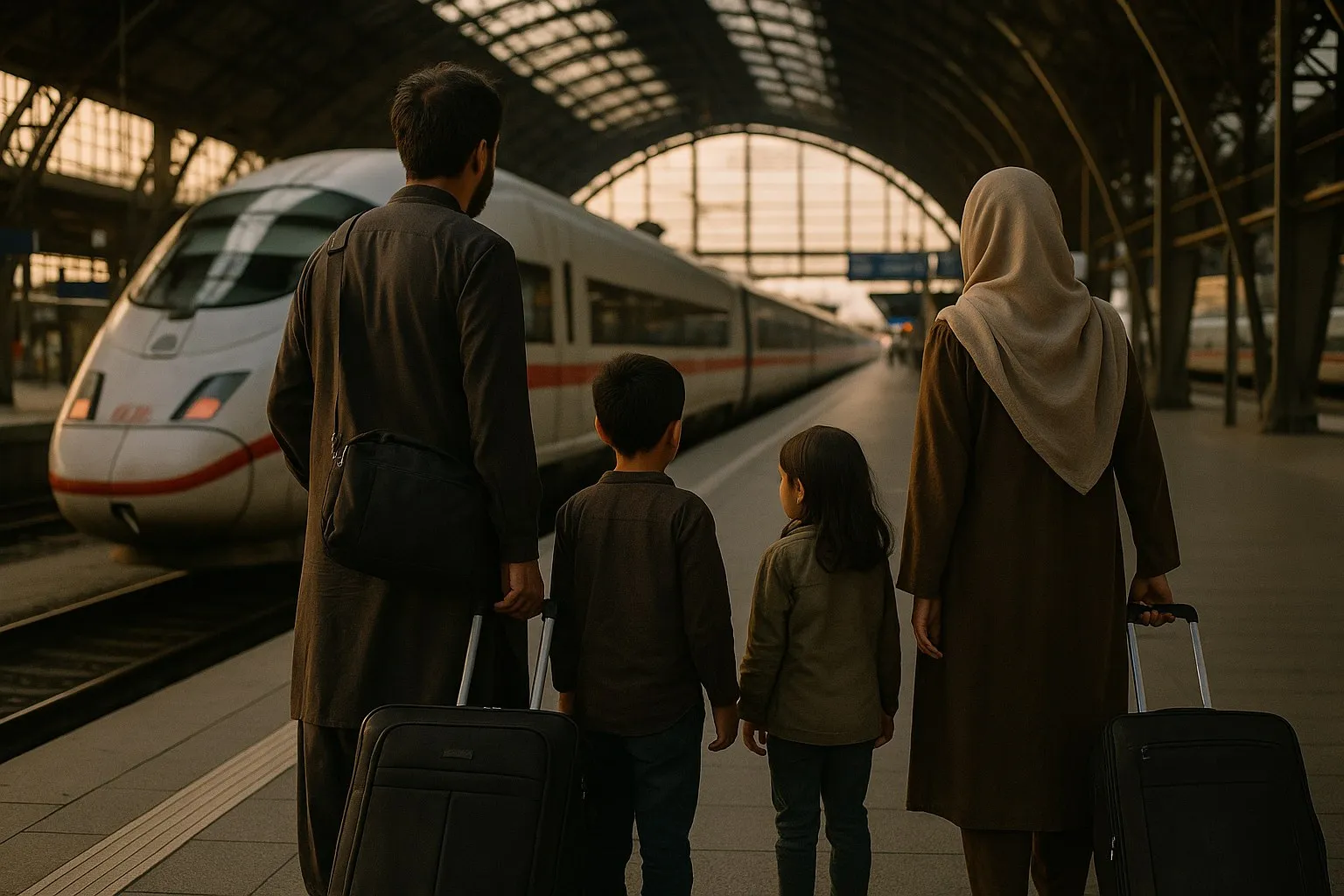 Eine Familie mit Koffern steht auf einem Bahnsteig neben einem weißen ICE, von hinten gesehen